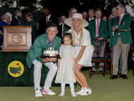 Rory McIlroy, Erica Stoll and Poppy at the Masters 2025 (Source: Imagn)